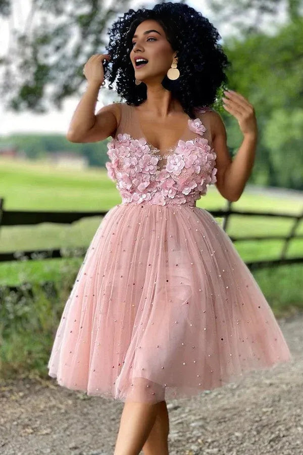 Weitese Dress A-Line Beaded Tulle Homecoming Dress Sleeveless Hand-made Flowers Party Dress